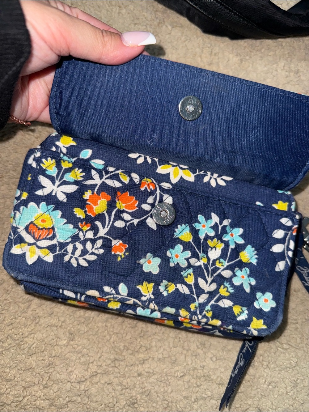 Vera Bradley Navy Floral Quilted Wristlet with Multicolor Blossoms